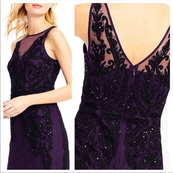 Adrianna Papell beaded sheer neckline sleeveless long gown - Picture 2 of 3